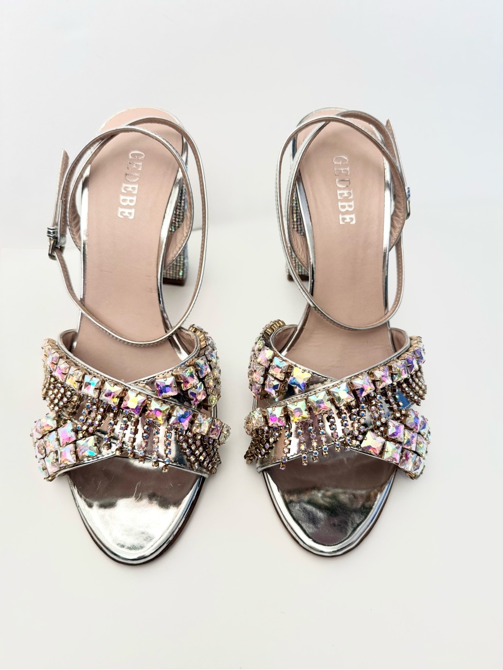 Gedebe Embellished Heels Jewel Rhinestone Crystal Silver Metallic Strappy Block